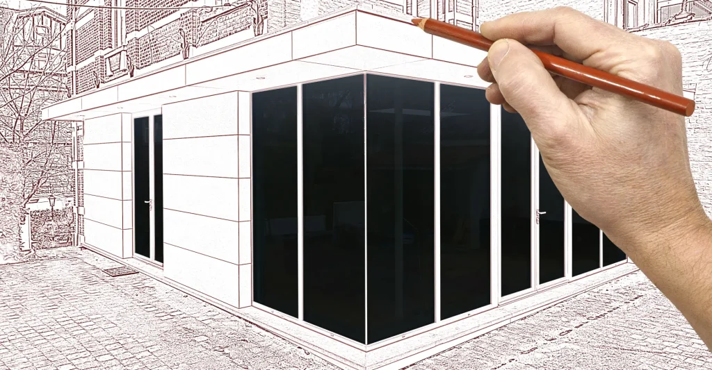 Drawing and planned a New modern extension of a house with big glasses windows