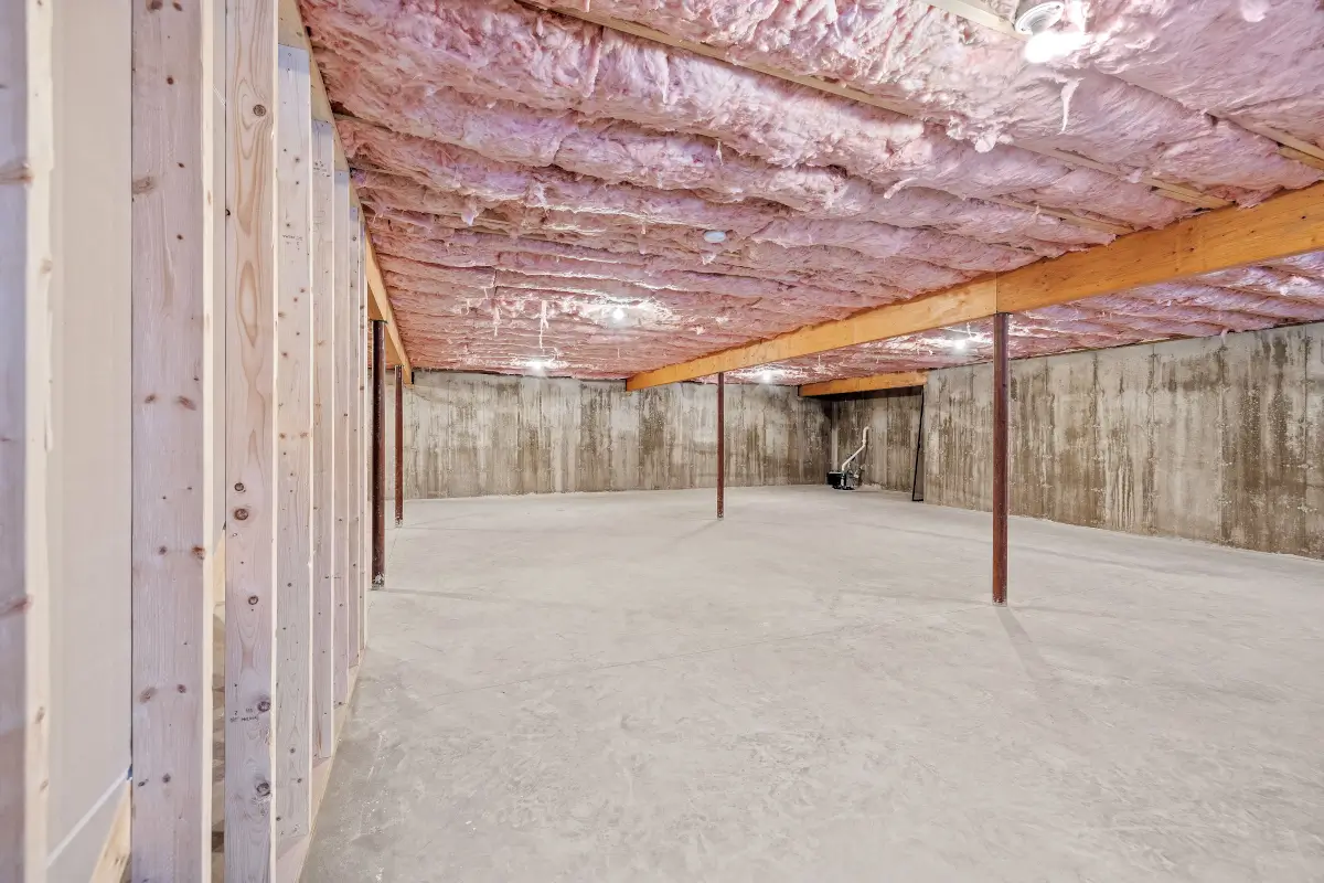 basement-preview Unfinished basement with insulation on ceiling and concrete flooring.