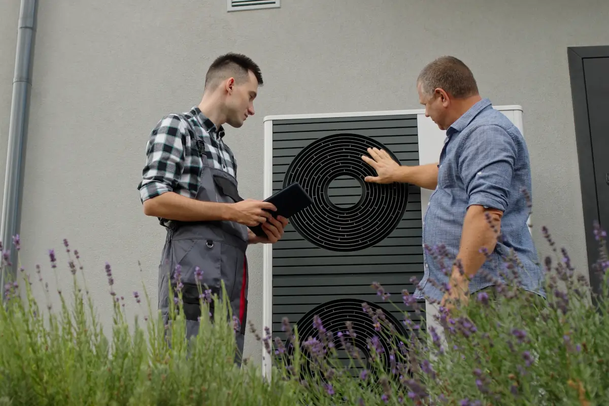 exterior-systems-preview Technicians inspecting and discussing modern HVAC heat pump system.