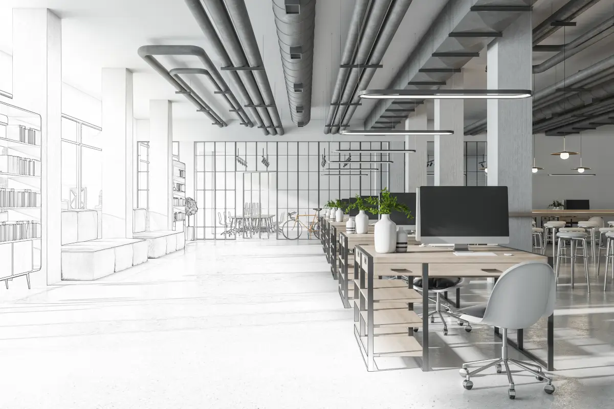 office-renovation-preview Concept of office renovation blending design sketch and completed workspace.