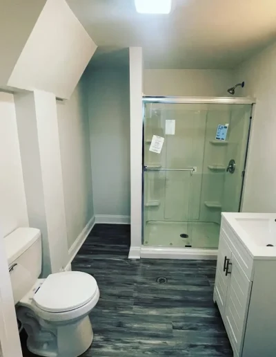 Small bathroom with glass shower enclosure, white vanity, toilet, and dark wood-style flooring.
