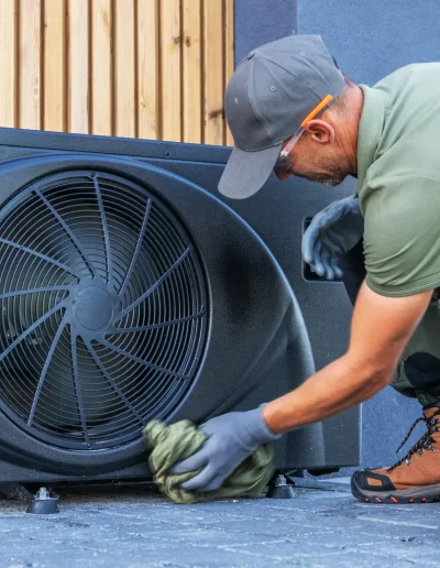Technician performing maintenance on an outdoor HVAC unit, cleaning the large fan housing with tools and equipment nearby on the ground.