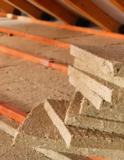 Attic insulation in progress, showing mineral wool boards stacked beside exposed wooden beams and joists, providing thermal and sound insulation for the roof space.