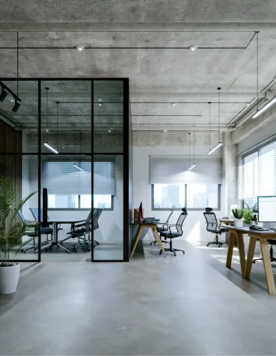 Modern open-plan office with concrete ceiling, glass meeting room, wooden wall panels, large windows, and sleek workstations surrounded by indoor plants.