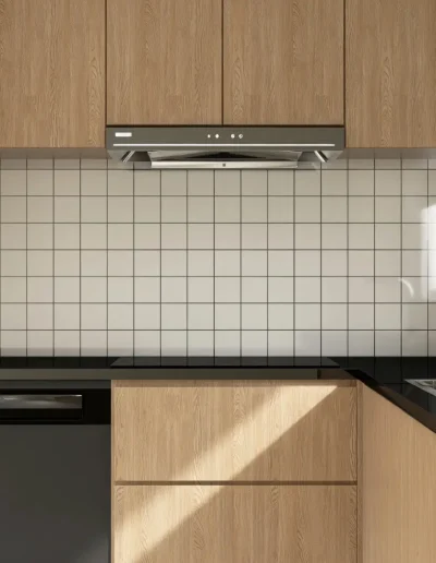 Compact modern kitchen with wood cabinetry, black countertops, tiled backsplash, and built-in appliances, designed for efficiency and a clean, minimalist aesthetic.