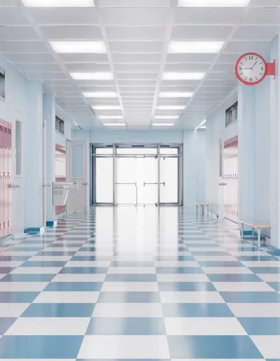 Bright school hallway with blue and white checkered flooring, pink lockers on both sides, benches, and a red wall clock, creating a clean and modern academic atmosphere.