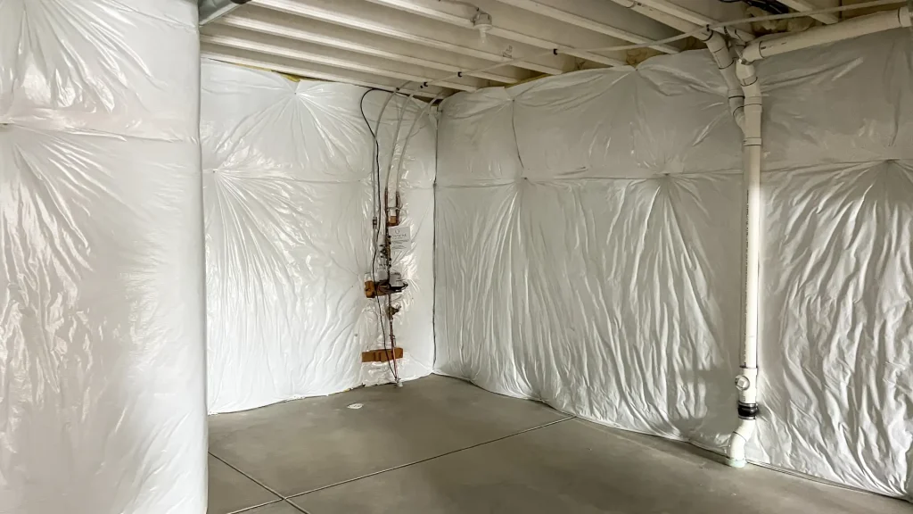 Unfinished basement with white plastic vapor barrier insulation on the walls, exposed ceiling beams, concrete flooring, and visible plumbing and electrical lines.