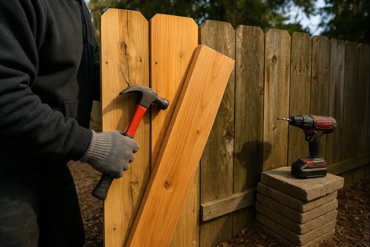 Cedar board repair replacing damaged fence panels to restore strength and appearance.