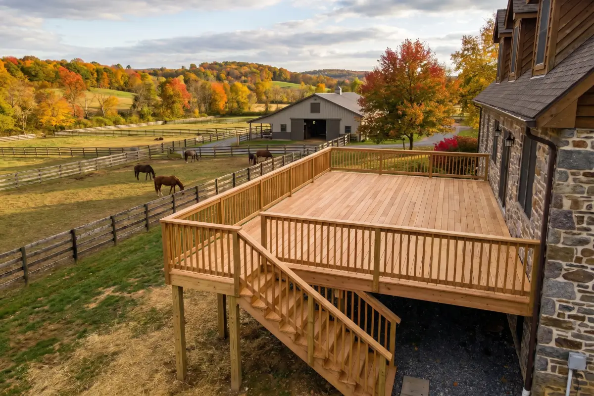 house-ranch-exterior-decking Realistic exterior of horse ranch with empty new wooden walkout deck. Pennsylvania, USA